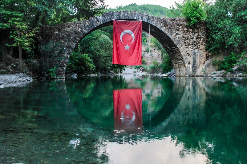 Turkey flag hanging from bridge.