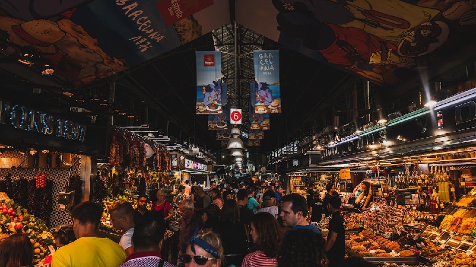 Crowd of people at market in Spain