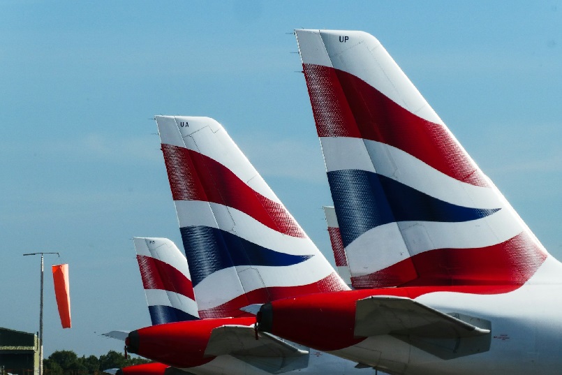 Tails of three British Airways aircrafts